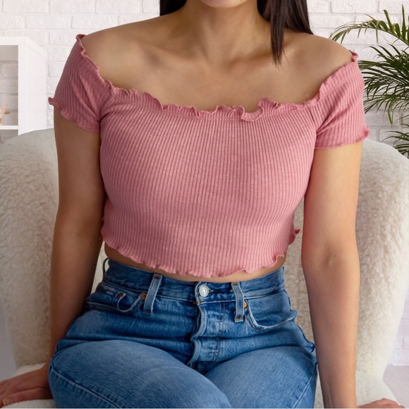 Ribbed Lettuce Crop Top - Dusty Pink - Picture 1 of 11
